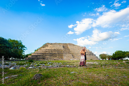 Tourist couple in Izamal pyramids Mexico