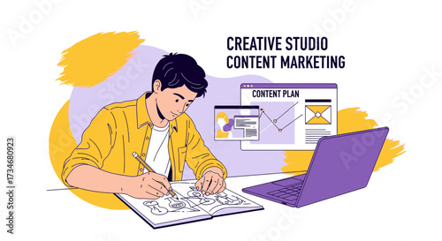 Creative process illustration depicting content marketing with a designer at work illustrating