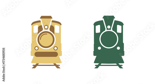 Two vintage locomotive illustrations in contrasting shades of gold and green