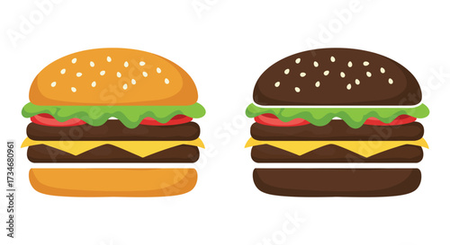 Two stacked burgers with sesame buns and visible ingredients are shown