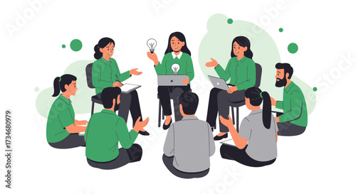 Creative team brainstorm meeting with lightbulb innovation concept illustration