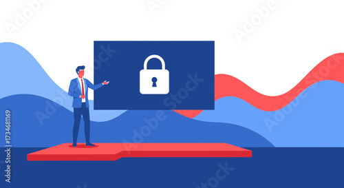 Data security presentation showing padlock symbol and speaker in suit illustration