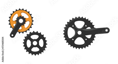 Detailed view of bicycle chainrings and crankset components isolated on white