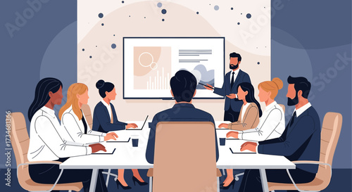 Diverse business team in a meeting watching presentation with charts and graphs displayed on screen