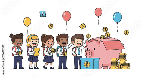 Diverse group of students learning about saving money with a piggy bank illustration