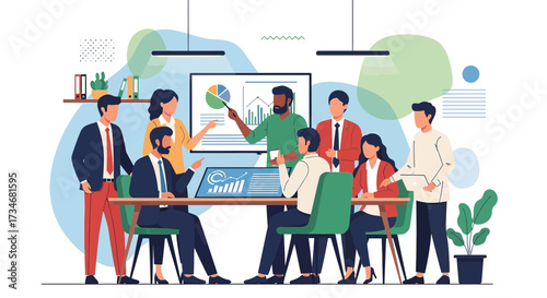 Diverse professionals collaborating during a strategic planning meeting illustration