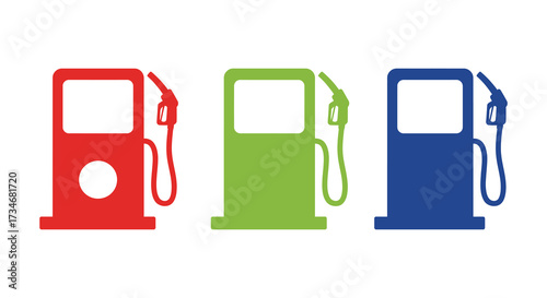 Colorful gas pumps illustration with three different colored dispensers