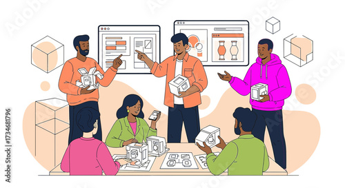Diverse team collaborating on product design with prototypes and website mockups discussion