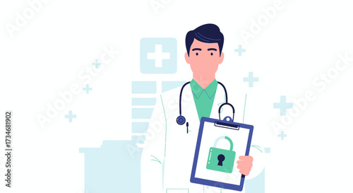 Doctor holding clipboard with padlock representing secure patient information system