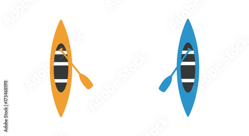 Two colorful kayaks viewed from above with paddles present