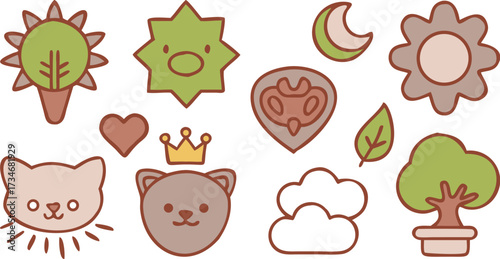 Collection of cute nature and animal icons in pastel colors, featuring plants, animals, and celestial elements isolated on white background