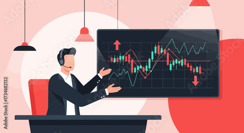 Financial advisor explaining stock market trends with charts and diagrams analysis