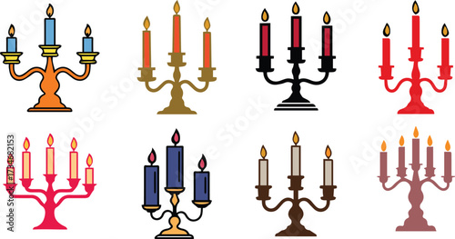 Vector art of collection of eight candelabras with lit candles, perfect for illustrating elegance, celebration, or vintage decor