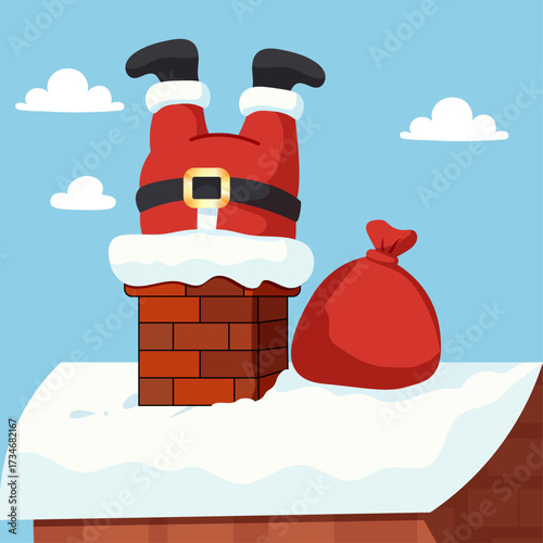 Vector cartoon illustration of Santa Claus stuck upside down in a chimney with a sack of holiday gifts beside him on the roof