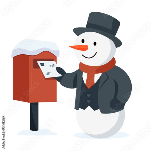 Vector illustration of a cheerful snowman in a gray suit, gloves, scarf and hat, who throws a letter, a New Year's card into the mailbox