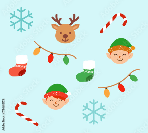 Vector Christmas seamless pattern with elves, a little reindeer, garlands, a festive stocking, and candy canes