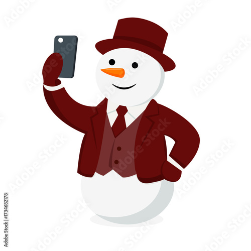 Vector illustration of a cheerful snowman in a maroon suit, gloves and hat taking a selfie on his phone