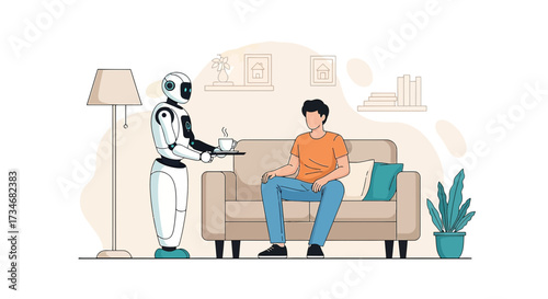 Futuristic living a robot butler serving coffee to a man in a modern home setting