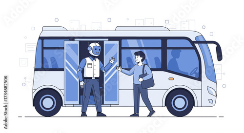 Futuristic transportation: Robot driver greeting a passenger at an autonomous bus stop concept