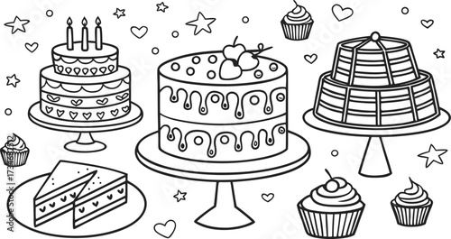 Collection of delicious cakes and cupcakes for celebration isolated on white background perfect for coloring books and party themes
