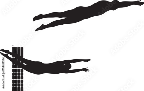 Two black silhouette swimmers one diving from a platform the other in water swimming pool