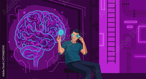 Futuristic Interface: Man Interacting with Holographic Brain in a Cyberpunk Setting