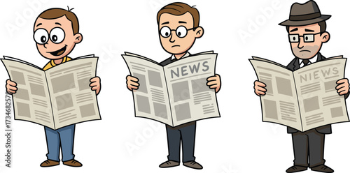 Cartoon men reading newspapers with different styles and expressions, vector illustration of people holding news journal, press media communication conceptCartoon men reading newspapers with differe