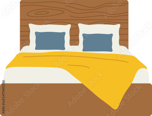 Cozy double bed with plush pillows and a vibrant yellow blanket perfect for relaxation flat design vector illustration white background