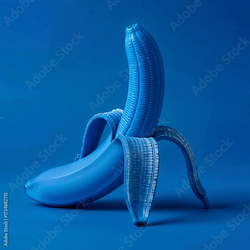 Blue Banana Partially Peeled on Solid Blue Background for Surreal Food Concept and Artistic Visual Contrast

