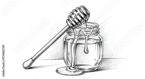 Honey jar with dipper, sketch style, sweet dripping honey