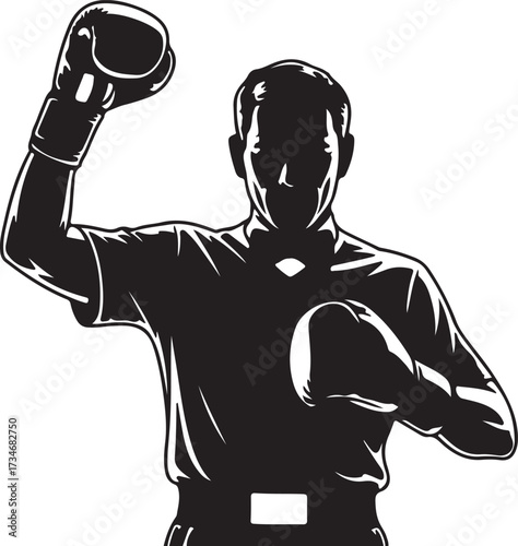 Black silhouette of a boxer with raised glove and boxing glove on other hand black and white sport