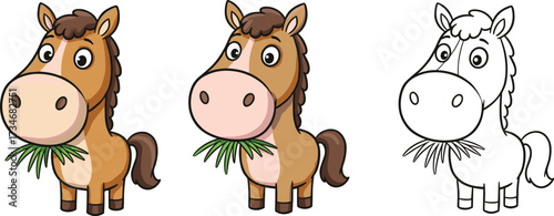 Cute cartoon horse eating grass illustration with colored version, outlined drawing, and simple vector design for kids, education, and decorationCute cartoon horse eating grass 