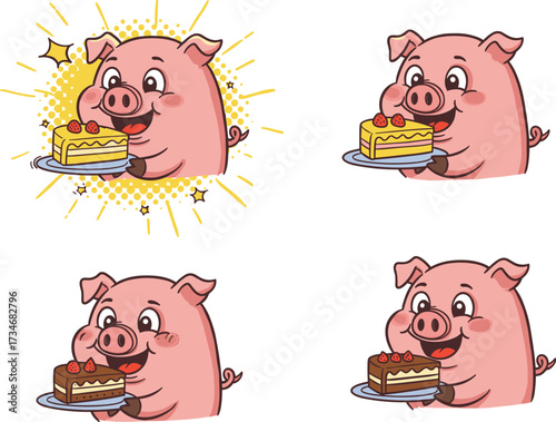 Cute cartoon pig happily holding delicious cake with strawberries and chocolate topping, funny animal illustration perfect for kids, food, and celebrationCute cartoon pig happily holding delicious 