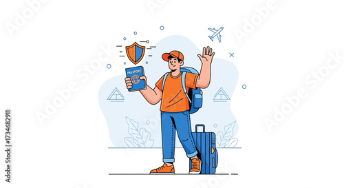 Happy traveler ready for adventure with passport luggage and travel insurance protection