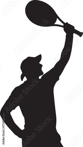 Black silhouette of a male tennis player in a victory pose with racket raised against a white background