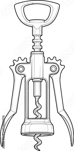 Detailed outline corkscrew, wine bottle opener, barware illustration