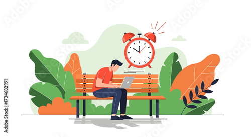Illustration depicting a man working on laptop with clock symbolizing time management outdoors