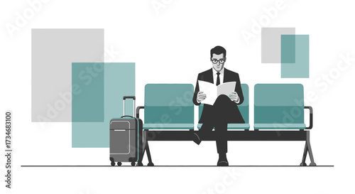Illustration of a businessman reading while waiting at the airport terminal area