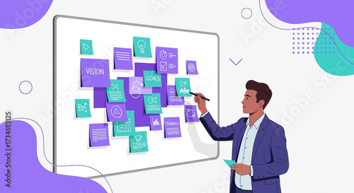 Illustration of a business professional planning vision goals and strategy on a whiteboard with