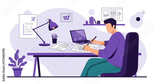 Illustration of a designer working on architectural plans at his desk with laptop