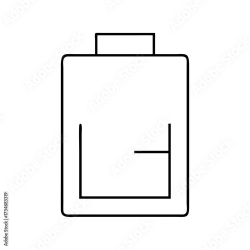 Vector art of a simple line drawing of a battery icon with a low charge indicator, isolated on a