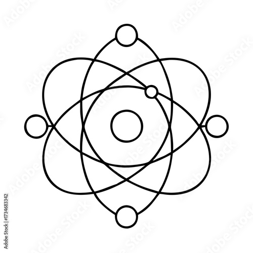 Vector art of stylized atomic model with orbiting electrons, representing science, physics, and the atom