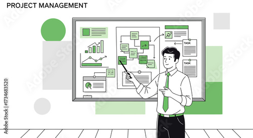 Illustration of a man presenting a project management plan on a whiteboard meeting setting