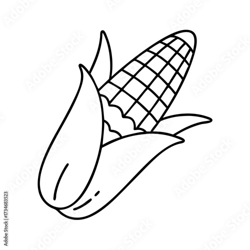 Vector art of a simple black and white line drawing of an ear of corn with husks peeled back, isolated on a