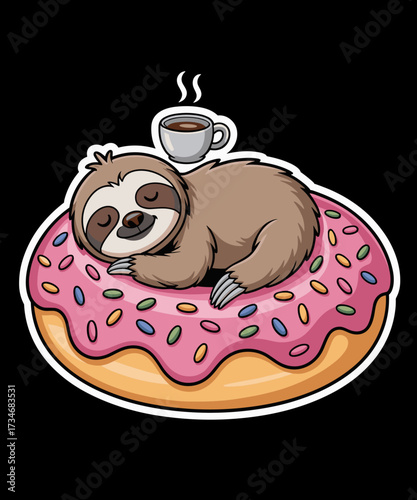 Sloth On Donut With Cup Of Steaming Coffee