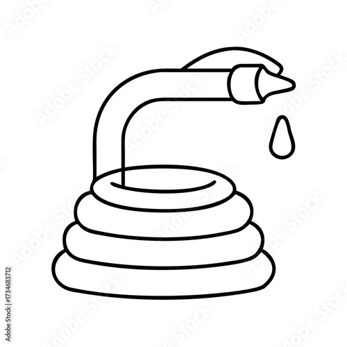 Vector art of a line art icon representing a garden hose with a drop of water falling from the nozzle, isolated on a