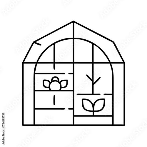 Vector art of stylized line art icon of a greenhouse with different plants inside, , depicting cultivation and nature