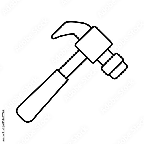 Vector art of a minimalist black and white line drawing of a claw hammer, isolated on a pure, perfect for technical illustrations, design elements, or educational materials