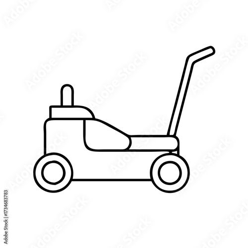 Vector art of a black outline drawing of a lawn mower with wheels and a handle, isolated on a, representing gardening and yard maintenance