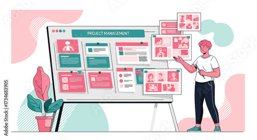 Illustration of a project manager presenting a project plan on a whiteboard concept